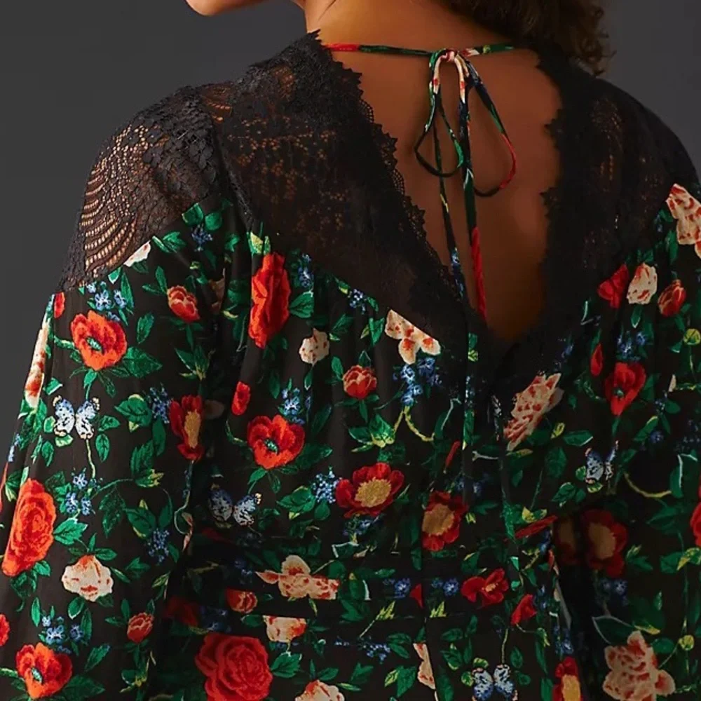 NWT Anthropologie Lacy V-Neck Mini Dress in Black Floral Motif Women’s Size 6 - Picture 6 of 7